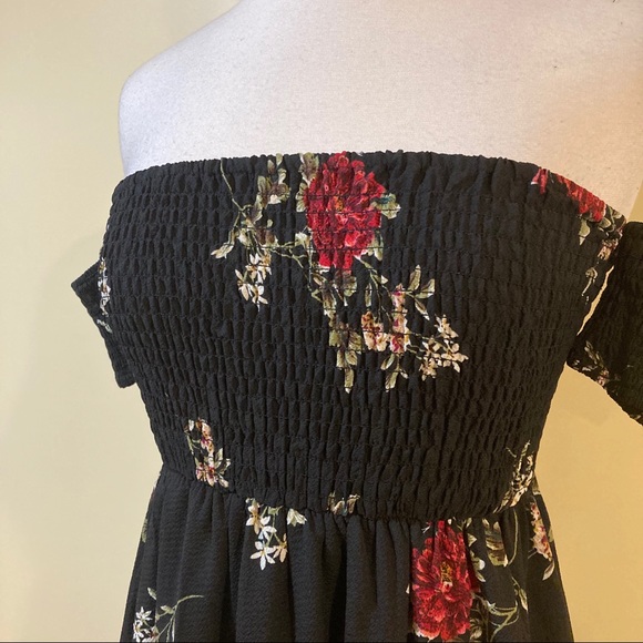 Off Shoulder Rose Floral Smocked Faux Wrap Dress - Picture 3 of 4